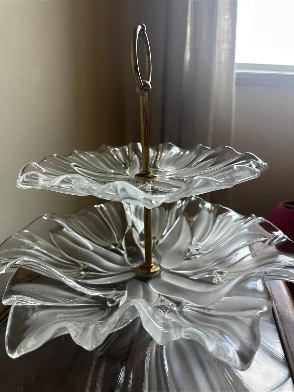 Vintage Mikasa Tulip Glass 2-Tier Cupcake Dessert Stand with Art Deco Gold Brass